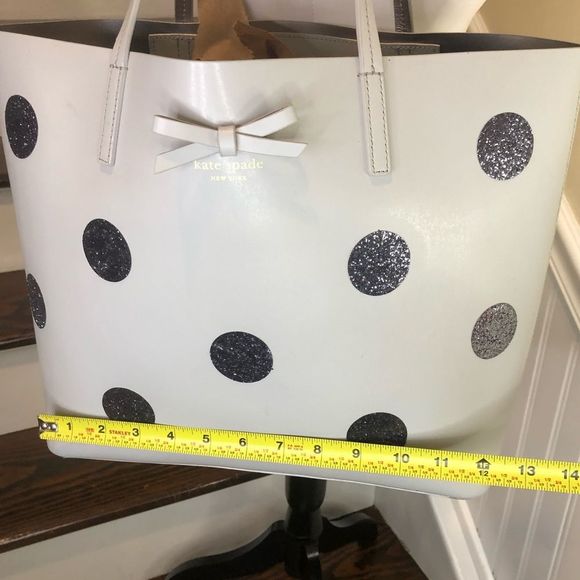 KATE SPADE Silver Glitter Polka Dot White Leather Tote Shoulder Bag Zip Pocket - Picture 9 of 17
